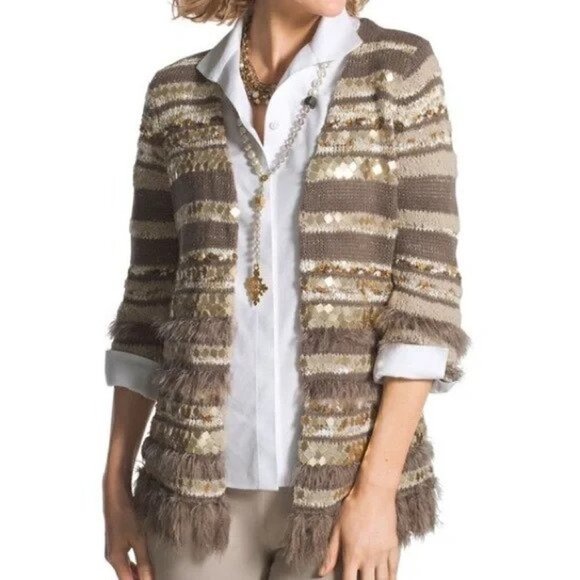 Chico’s Wool Blend Sequined Multi-Textured Greta Cardigan Size 2 Sweater - Picture 1 of 7